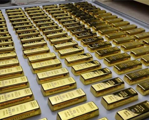 Gold bullion bars laid out